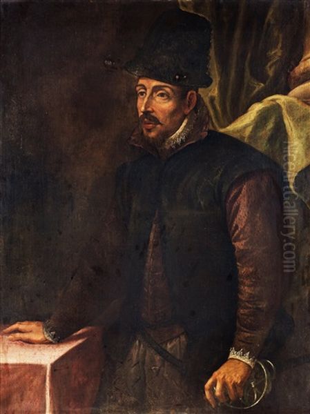 Italiensk Adling Med Svart Hatt, Violett Kladnad Med En Svart Jacka Med Vanstra Handen Vilande Pa Ett Svardsfaste Oil Painting by Leandro da Ponte Bassano