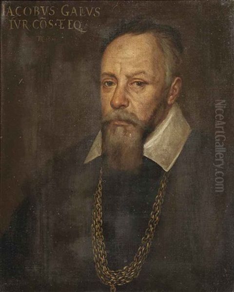 Portrait Of Jacobus Gallus Neapolitanus (naples Padua), In A Black Costume With A White Collar, Wearing A Gold Chain Oil Painting by Leandro da Ponte Bassano