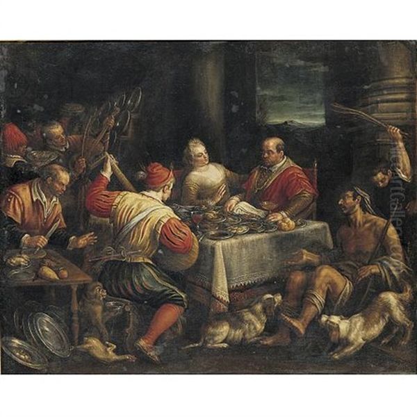 Banquet Scene Oil Painting by Leandro da Ponte Bassano