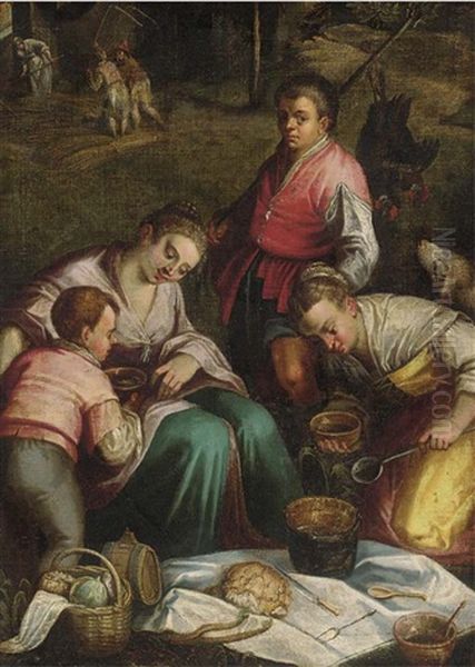 Farm Hands Eating With Harvesters Beyond Oil Painting by Leandro da Ponte Bassano