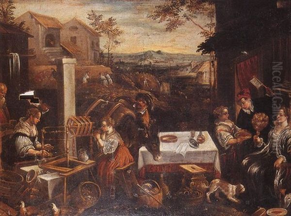 Scene De Campagne Avec Un Metier A Filer Oil Painting by Leandro da Ponte Bassano