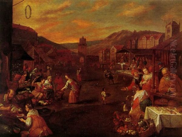 An Open Market Scene With Numerous Figures At Stalls In The Foreground And A Town Beyond Oil Painting by Leandro da Ponte Bassano