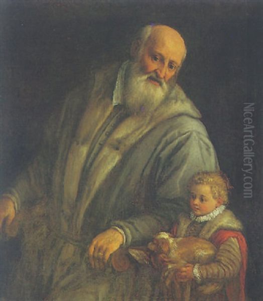 Portrait Of A Bearded Man (titian?) Seated In A Chair Beside A Little Girl Holding A Dog Oil Painting by Leandro da Ponte Bassano