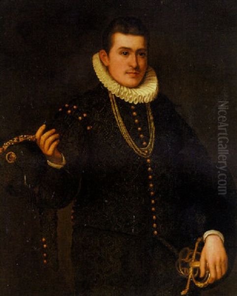 Portrait Of A Young Gentleman In An Embroidered Black Doublet With Gold Buttons, Doffing His Hat In Salute Oil Painting by Leandro da Ponte Bassano