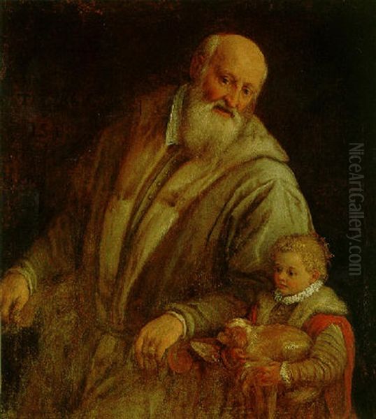 Portrait Of A Bearded Man, Seated In A Chair Beside A Little Girl Holding A Dog Oil Painting by Leandro da Ponte Bassano