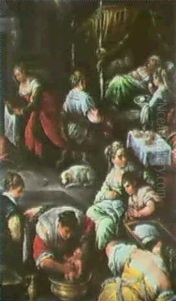 Geburt Mariens In Der Wochenb-ettstube Oil Painting by Leandro da Ponte Bassano