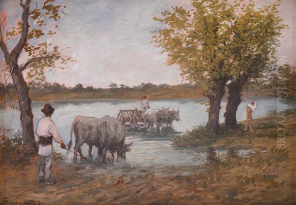 Care Cu Boi Pe Malul Apei Oil Painting by Ludovic Bassarab