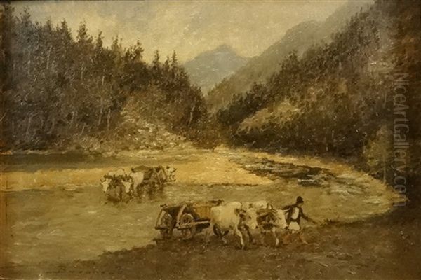 Carts With Oxen Crossing The River Oil Painting by Ludovic Bassarab