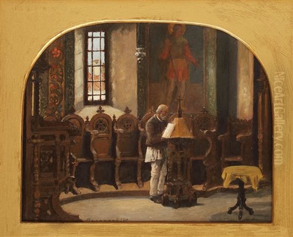 Peasant Man In The Chruch Oil Painting by Ludovic Bassarab