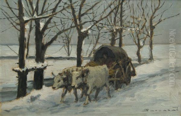 Vcart With Oxen In Winter Landscape Oil Painting by Ludovic Bassarab