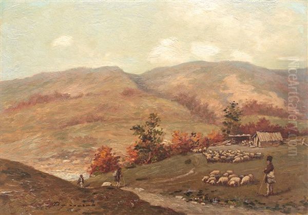 Landscape With Sheep Flock, On Prahova Valley Oil Painting by Ludovic Bassarab