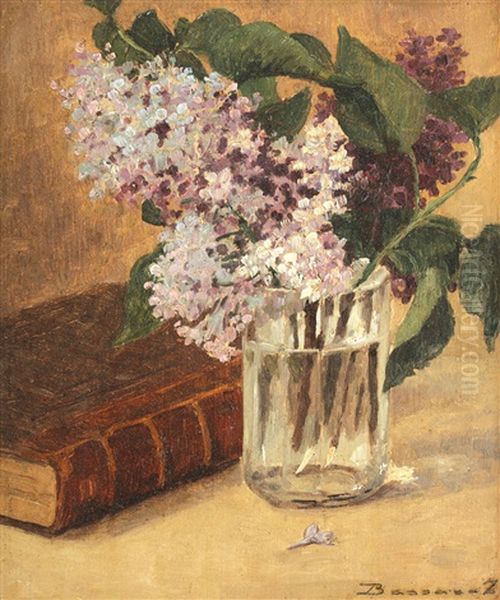 Still Life With Old Book And Lilac Oil Painting by Ludovic Bassarab