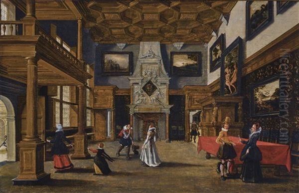 Elegant Figures In A Palace Interior Oil Painting by Bartholomeus Van Bassen