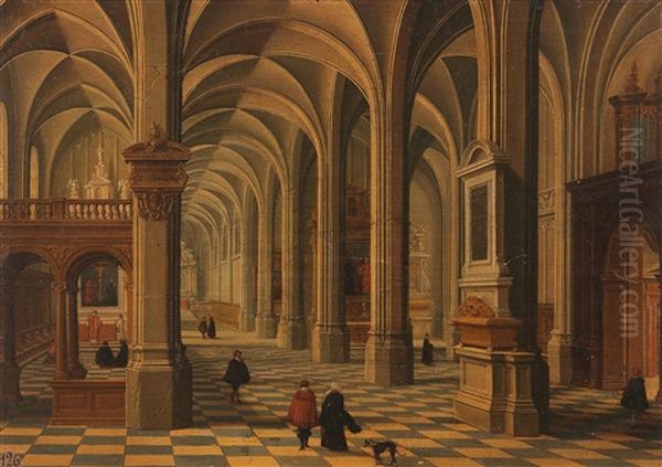 Interior Of A Gothic Church With Figures Oil Painting by Bartholomeus Van Bassen