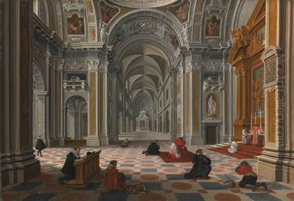 Figures At Mass In An Ornate Church Interior Oil Painting by Bartholomeus Van Bassen