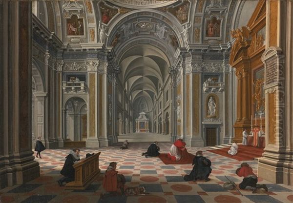 Figures At Mass In An Ornate Church Interior Oil Painting by Bartholomeus Van Bassen