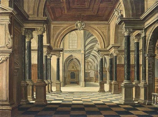 A Church Interior Oil Painting by Bartholomeus Van Bassen