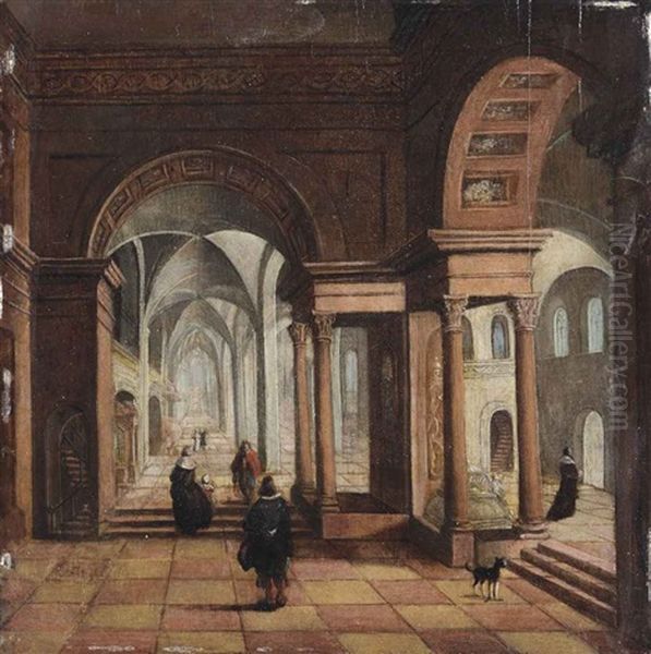 Elegant Figures In A Classical Church Interior Oil Painting by Bartholomeus Van Bassen