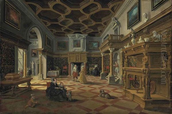 An Interior With Elegant Figures Conversing, A Child Playing With A Dog And A Woman Playing A Harpsichord Oil Painting by Bartholomeus Van Bassen