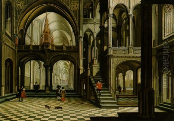 Das Innere Einer Gotischen Kirche Mit Figuren Oil Painting by Bartholomeus Van Bassen