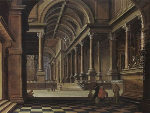 An Interior Of An Imaginary Classical Church With An Elegant Couple Conversing With A Monk In The Foreground Oil Painting by Bartholomeus Van Bassen