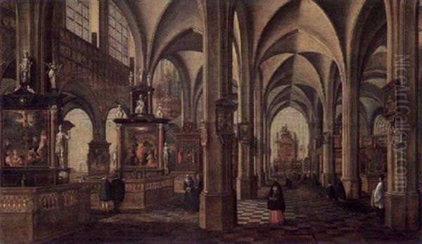 Blick In Ein Gothisches Kircheninterieur Mit Glaubigen, Geistlichen Und Vorn Einer Witwe Bei Einer Grabplatte Am Fusboden Oil Painting by Bartholomeus Van Bassen