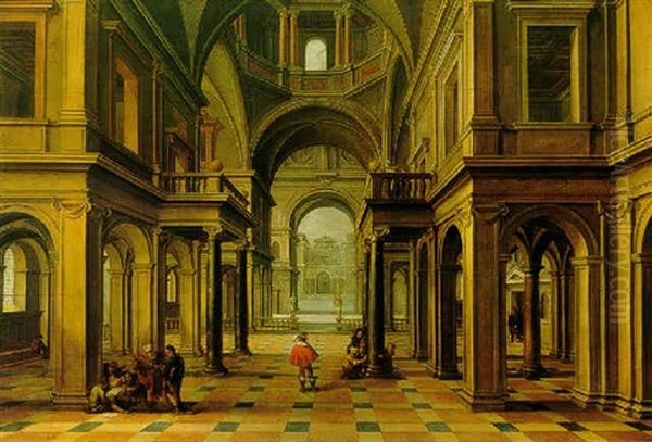 A Renaissance Church Interior With Figures Studying Architectural Plans And Measuring A Column Oil Painting by Bartholomeus Van Bassen