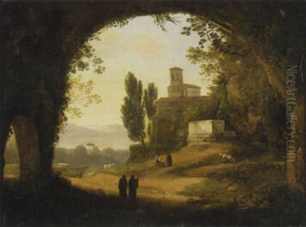 A View Of An Italian Villa Through A Grotto With Figures In The Foreground Oil Painting by Giambattista Bassi