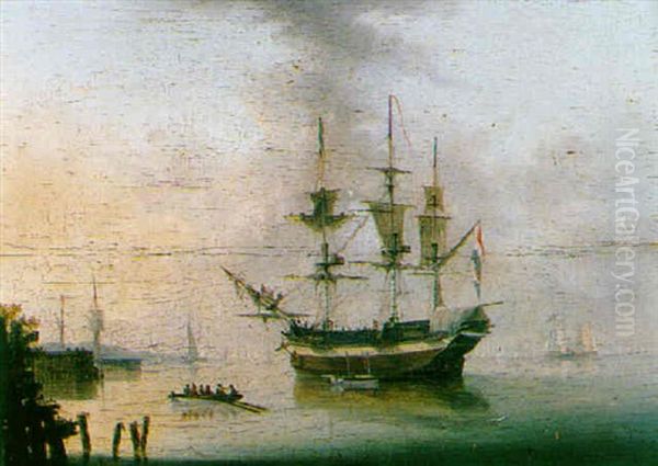 Shipping Off A Coast In A Calm Oil Painting by Dominique de Bast