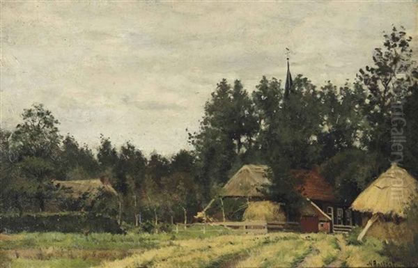 A Farm In A Wooded Summer Landscape Oil Painting by Nicolaas Bastert