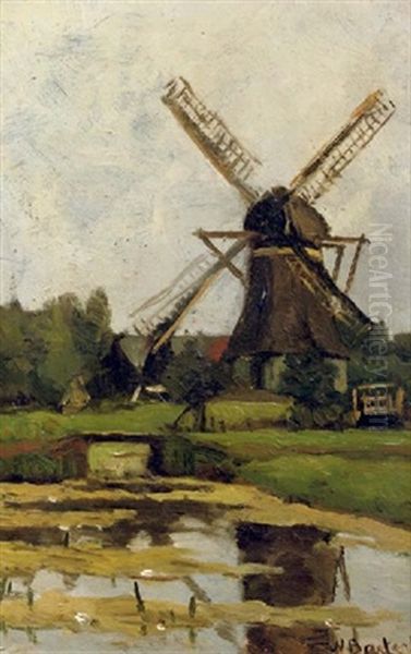 The Windmill De Wachter, Tienhoven (+ Glashut Along The River Vecht; 2 Works) Oil Painting by Nicolaas Bastert