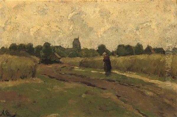 Landschap Bij Hellendoorn - A Stroll In The Fields Oil Painting by Nicolaas Bastert