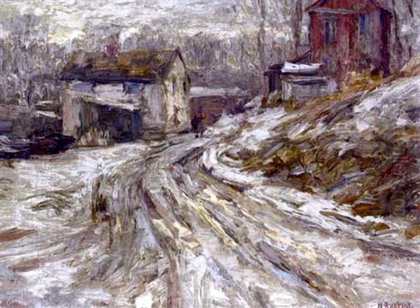 A Winter View Of A Village With A Figure On A Road Oil Painting by Nicolaas Bastert