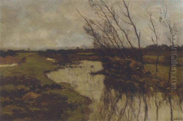 A Polder Landscape Oil Painting by Nicolaas Bastert