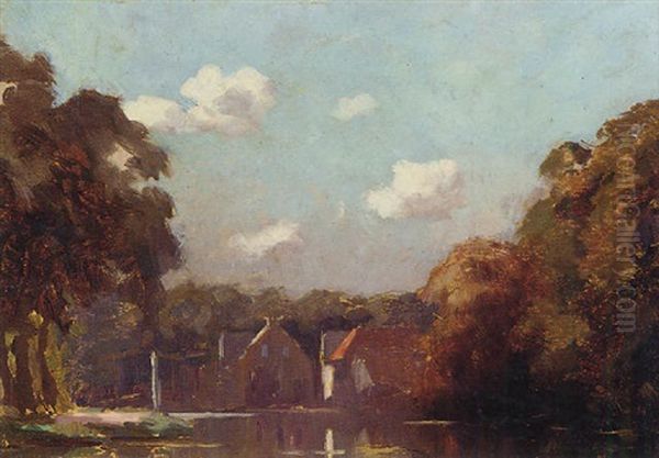 A Lake Before A Hamlet Oil Painting by Nicolaas Bastert