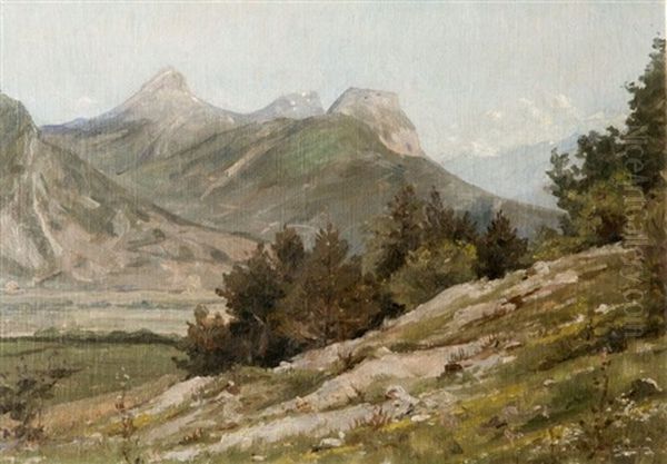 Vue Sur Les Montagnes De Chartreuse. Le Saint-eynard, La Dent De Crolles, Chamechaude. Oil Painting by Jean-Celestin-Tancrede Bastet