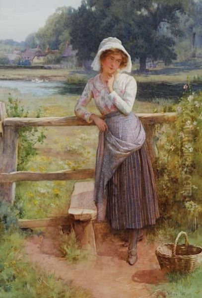 Girl By A Stile, Before A Pond And Thatched Cottages Oil Painting by William Affleck