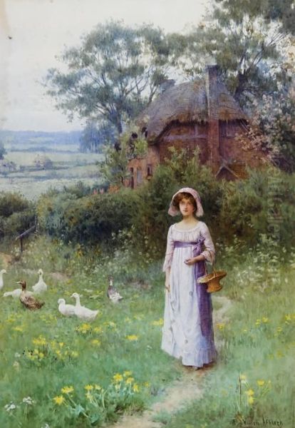 Girl And Geese In A Garden Before A Thatched Cottage Oil Painting by William Affleck