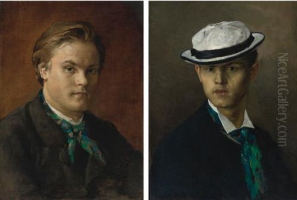 Portrait Of Emile Bastien-lepage And Portrait Of A Man With A Boater (self Portrait?) (2 Works) Oil Painting by Jules Bastien-Lepage