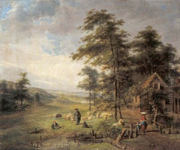 Landschaft Mit Schafherde Und Figurlicher Staffage by Jean Baptist Joseph Bastine