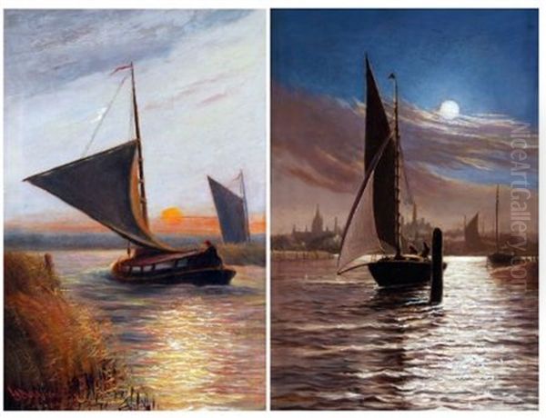 Boats On Breydon Water By Moonlight With Haven Bridge And Town In Distance Wherries In A Stiff Breeze On The Broads At Sunset (pair) Oil Painting by Stephen John Batchelder