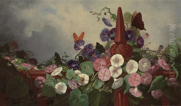 Morning Glories And Butterflies Oil Painting by Frederick S. Batcheller