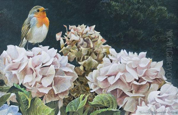 European Robin And Hydrangeas Oil Painting by Robert Bateman