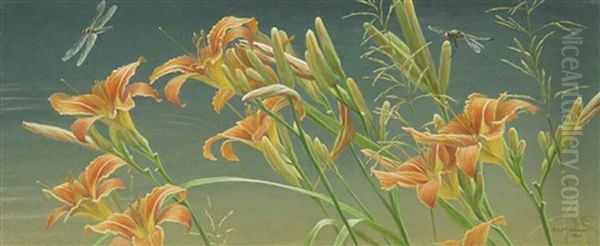 Day Lilies And Dragonflies Oil Painting by Robert Bateman