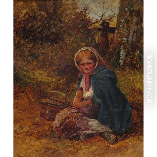 Young Girl Seated By A Tree With Her Basket Oil Painting by David Bates