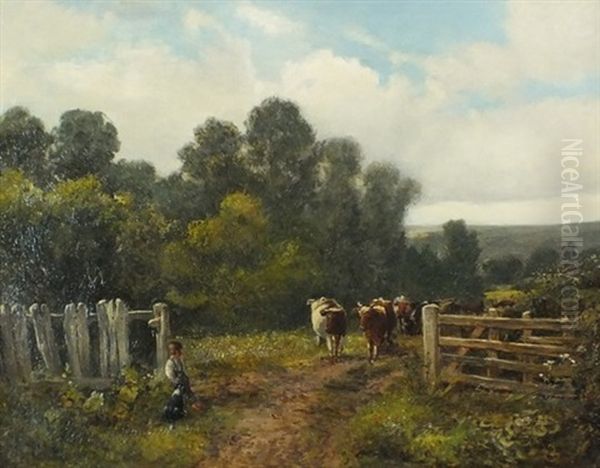 Cattle Beside A Gate Oil Painting by David Bates