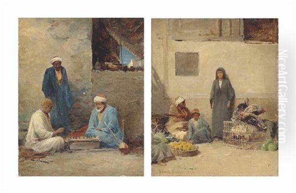 A Corner Of A Market Place, Cairo; And Arabs In A Courtyard Oil Painting by David Bates