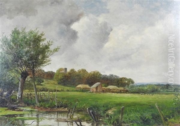 Strensham Church On The Avon From The Hammocks Oil Painting by David Bates