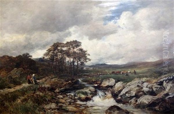 Travellers And Cattle Drover In A Landscape Oil Painting by David Bates