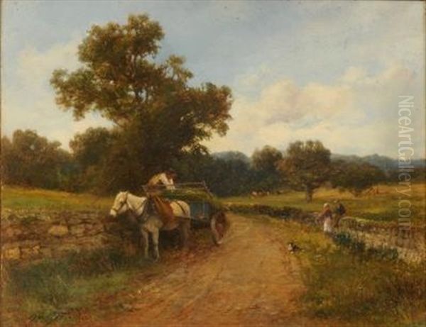 At Little Malvern, A Horse Drawn Wagon And Figures On A Country Lane Oil Painting by David Bates